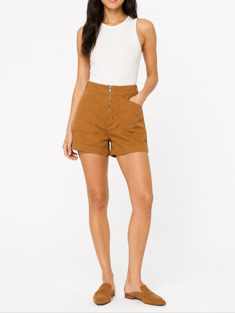 Madewell Tan High-Rise Zip Front Shorts